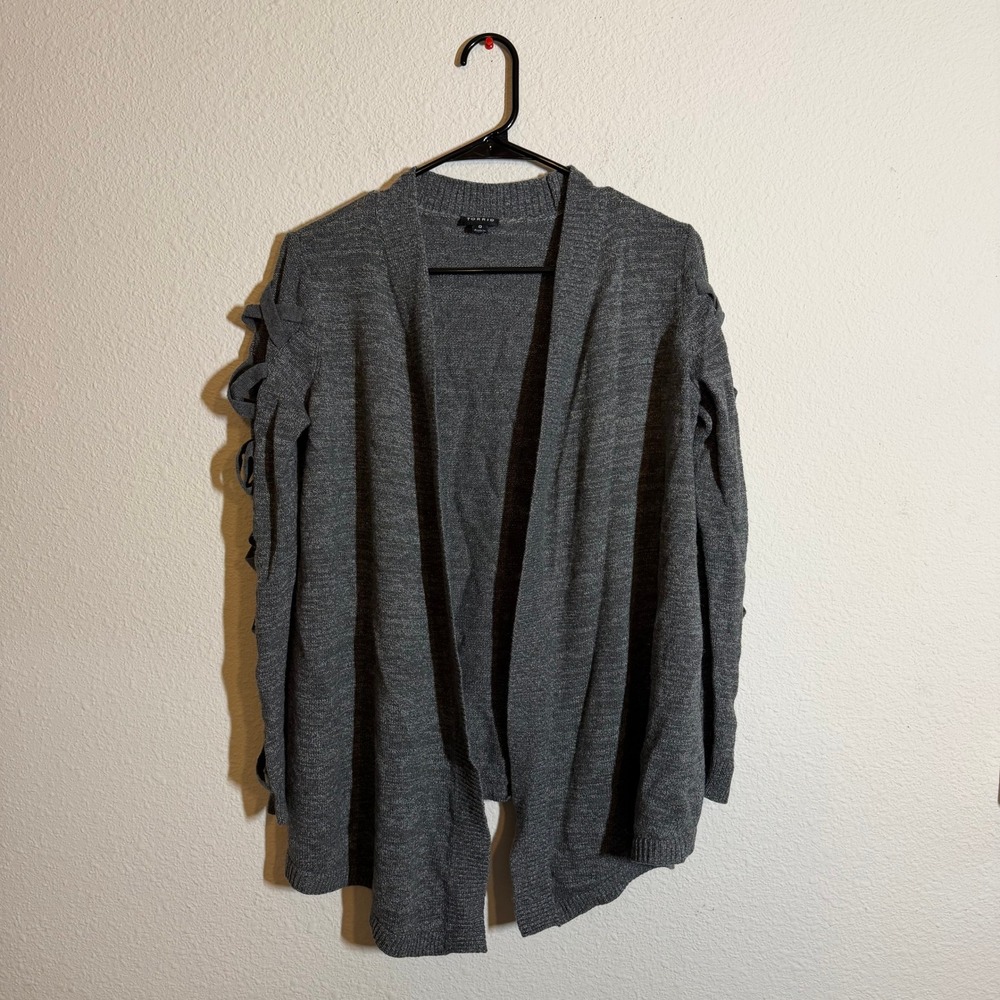 Torrid Heather Gray Open Front Cardigan Lattice Sleeve Detail Plus Size 0 L/XL